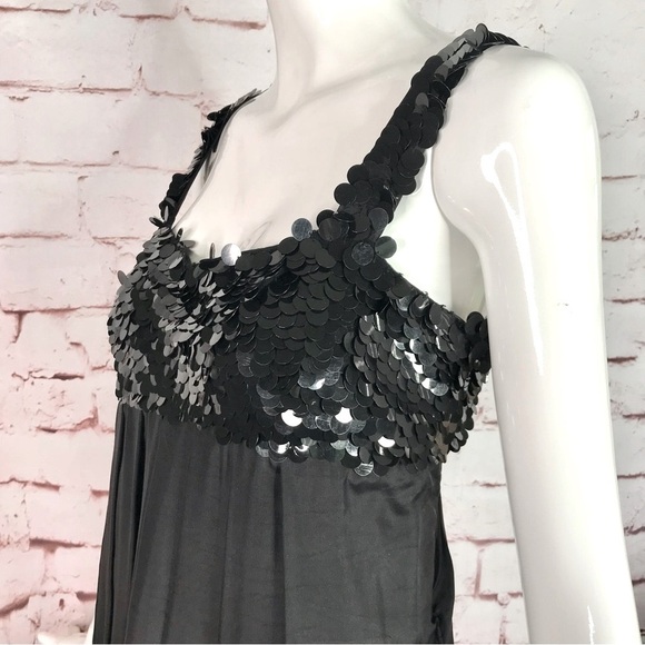 HANNAH JO Bubble Hem Silk Dress L Black Sequin Top Babydoll Size Large - Picture 8 of 15